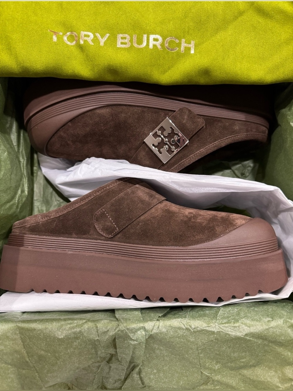 Tory Burch Mellow Shearling Platform Mule Suede Dark Cocoa Size 9 NEW - Picture 5 of 6